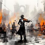 Violinist playing the violin in the city. Abstract illustration.