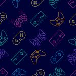 Vector video game and esport device set outline seamless pattern background.