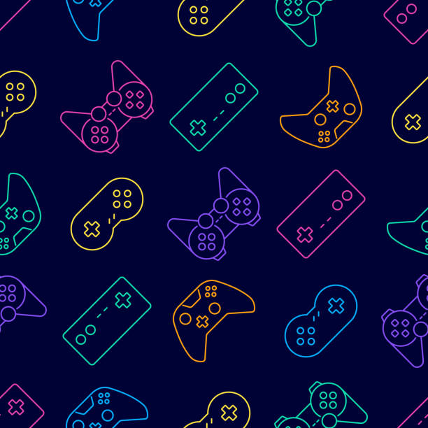 Vector video game and esport device set outline seamless pattern background.