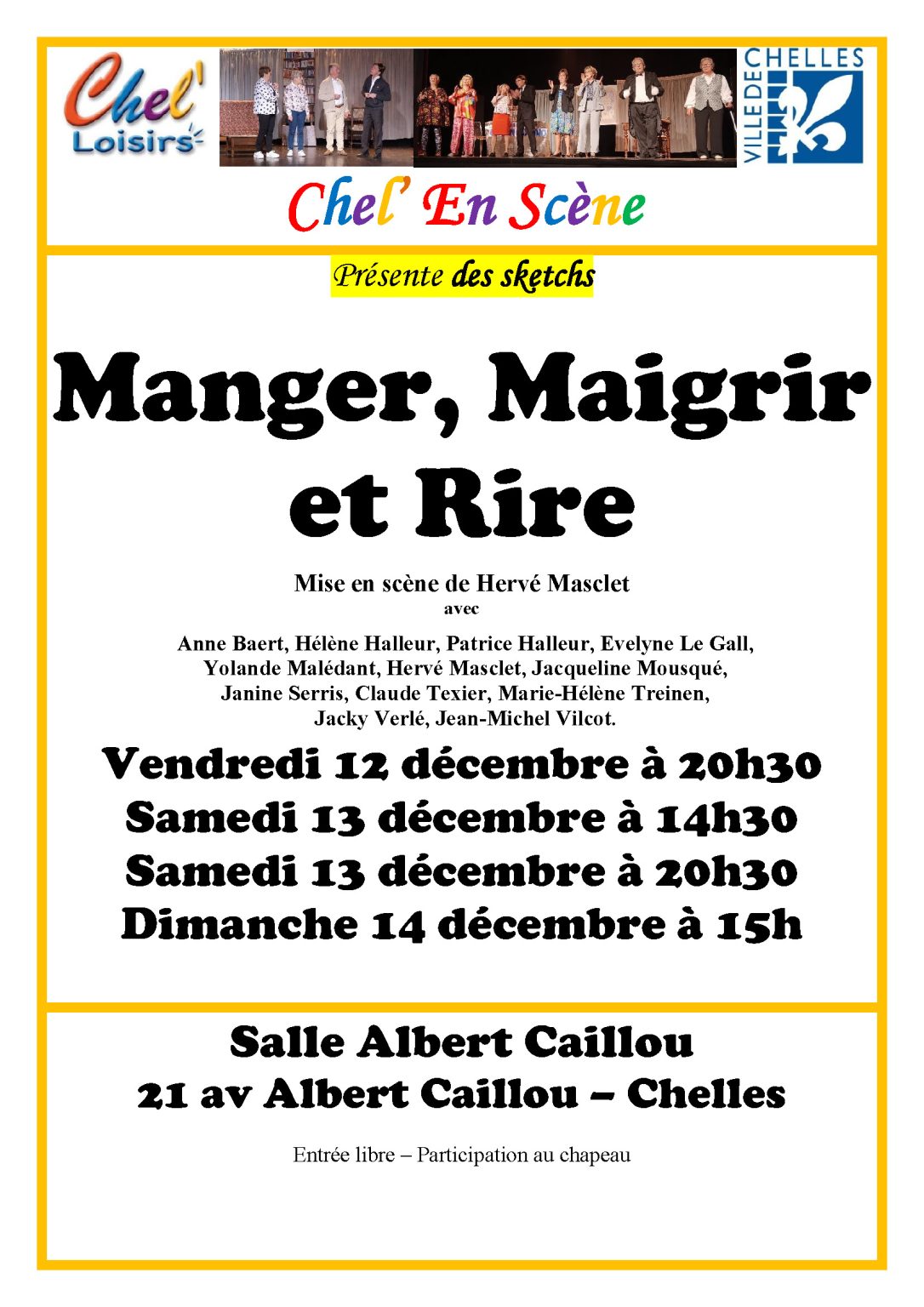 spectacle chel en scene manger maigrir rire